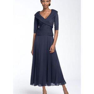 Alex Evening Navy Blue Half Sleeve Formal Dress Womens 18W Draped Ruched Tea